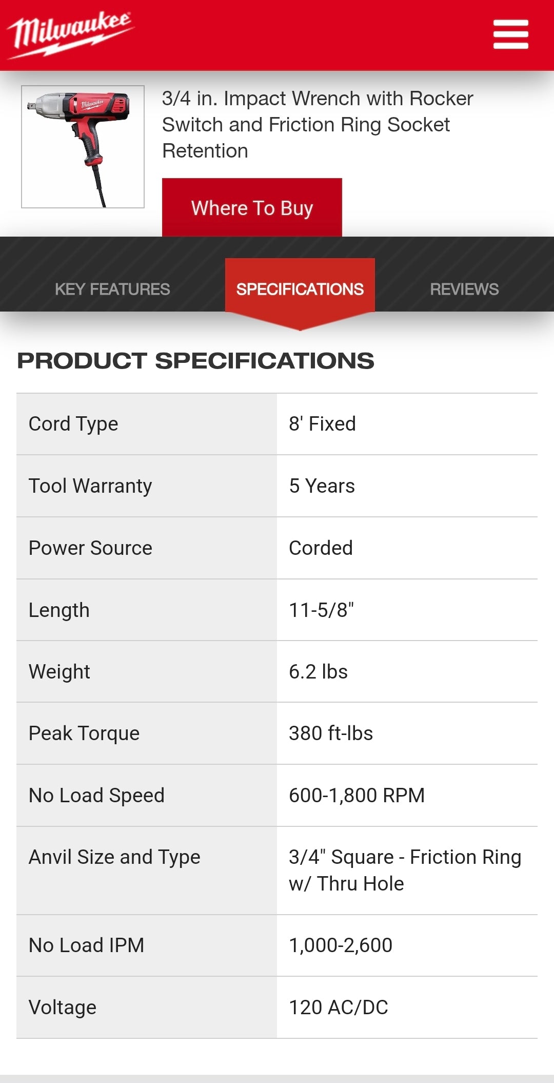 Milwaukee 3/4" Impact Wrench 9075-20 with Rocker Switch and Friction Ring Socket Retention