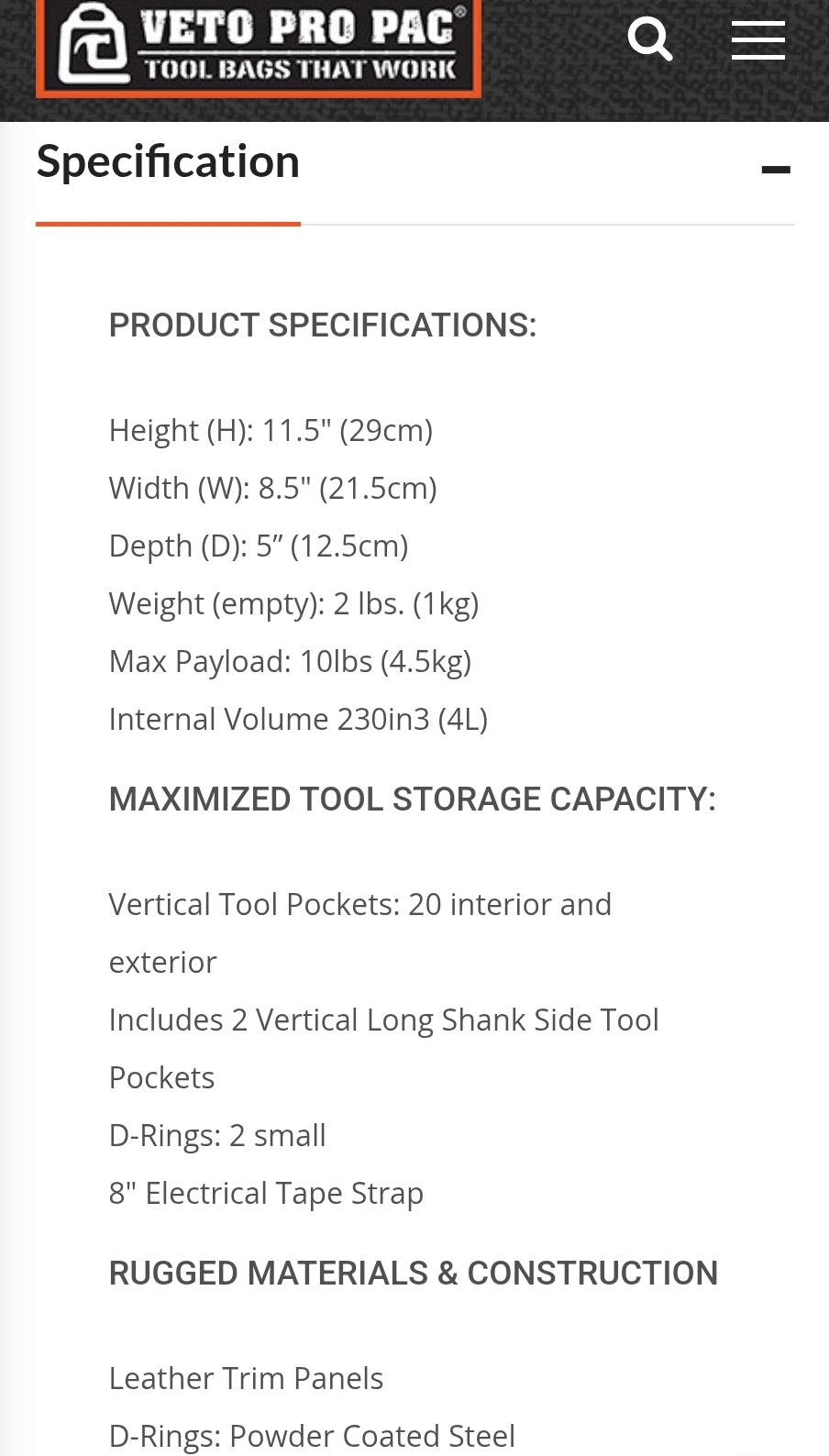Veto TP4B tool bag hand carry