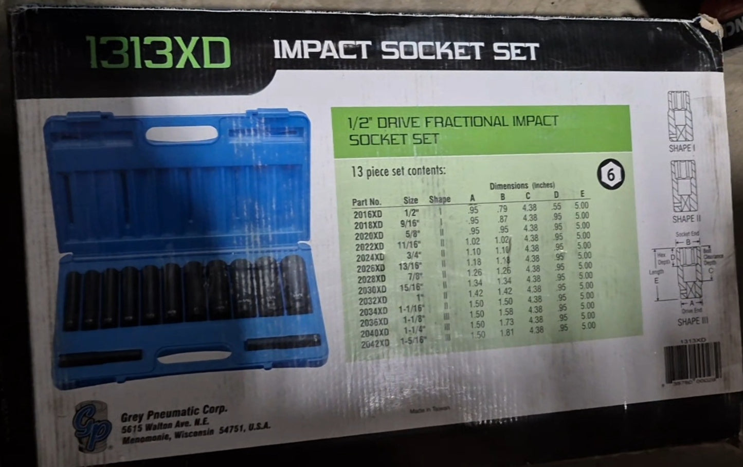 Grey Pneumatic 1313XD 1/2" Drive 13-Piece Extra Deep Socket Set