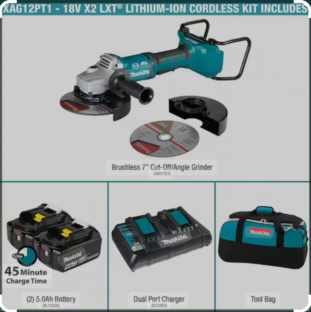 Makita 7" 18VX2 (36V) CORDLESS GRINDER KIT XAG12PT1 2 batteries and dual charger