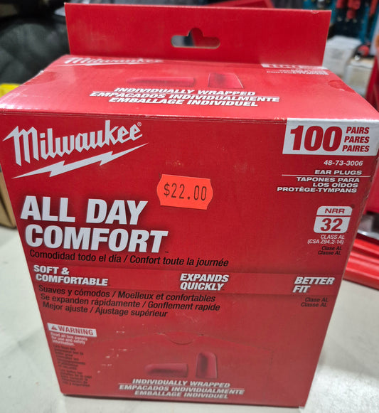 Milwaukee All Day Comfort Ear Plugs - 100 Pairs, Individually Wrapped