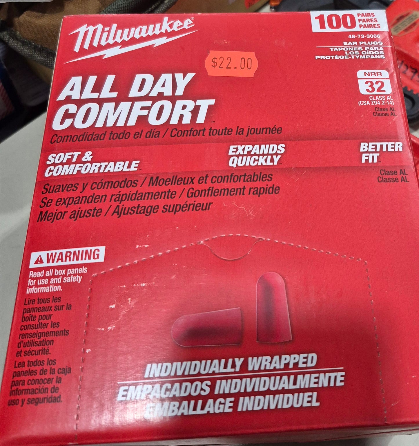 Milwaukee All Day Comfort Ear Plugs - 100 Pairs, Individually Wrapped