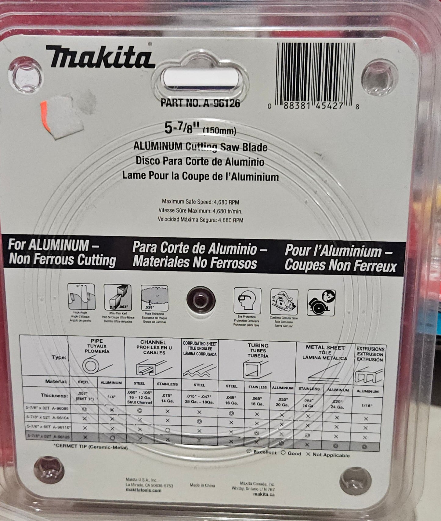 Makita A-96126
5‑7/8" 52T Carbide‑Tipped Saw Blade, Aluminum