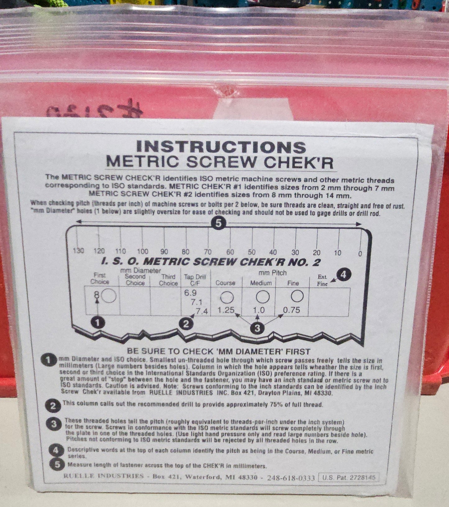 Screw Chek'r Metric Screw Thread Size Gauge No. 2 (8MM to 14MM) 1/8 Inch Heavy Gauge Steel Screw Checker, Made In USA, 2130