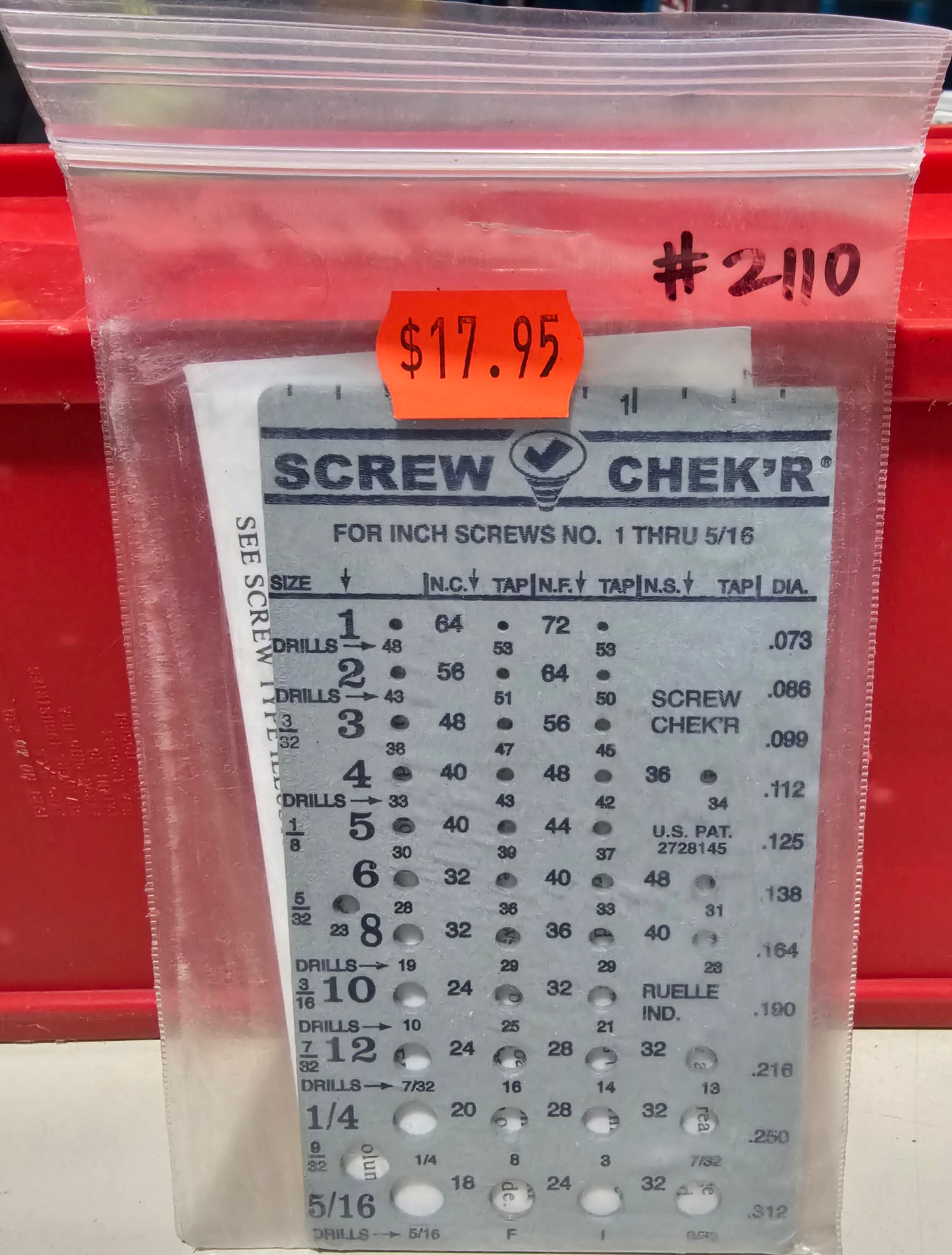 Ruelle Screw Chek’r SAE/ Inch Screw Thread Size Gauge (No. 1 to 5/16) 1/8 Inch Heavy Gauge Steel Screw Checker, Made in USA