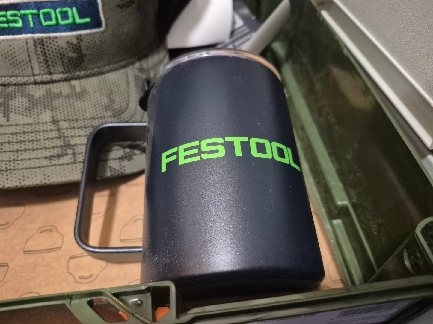 FESTOOL 577712 Limited Edition Outdoor Systainer3. 2 caps and a hat with systainer