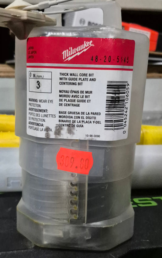 Milwaukee 3" thick wall carbide core bit sds-max or spline. Bit only no shaft. 48-20-5145