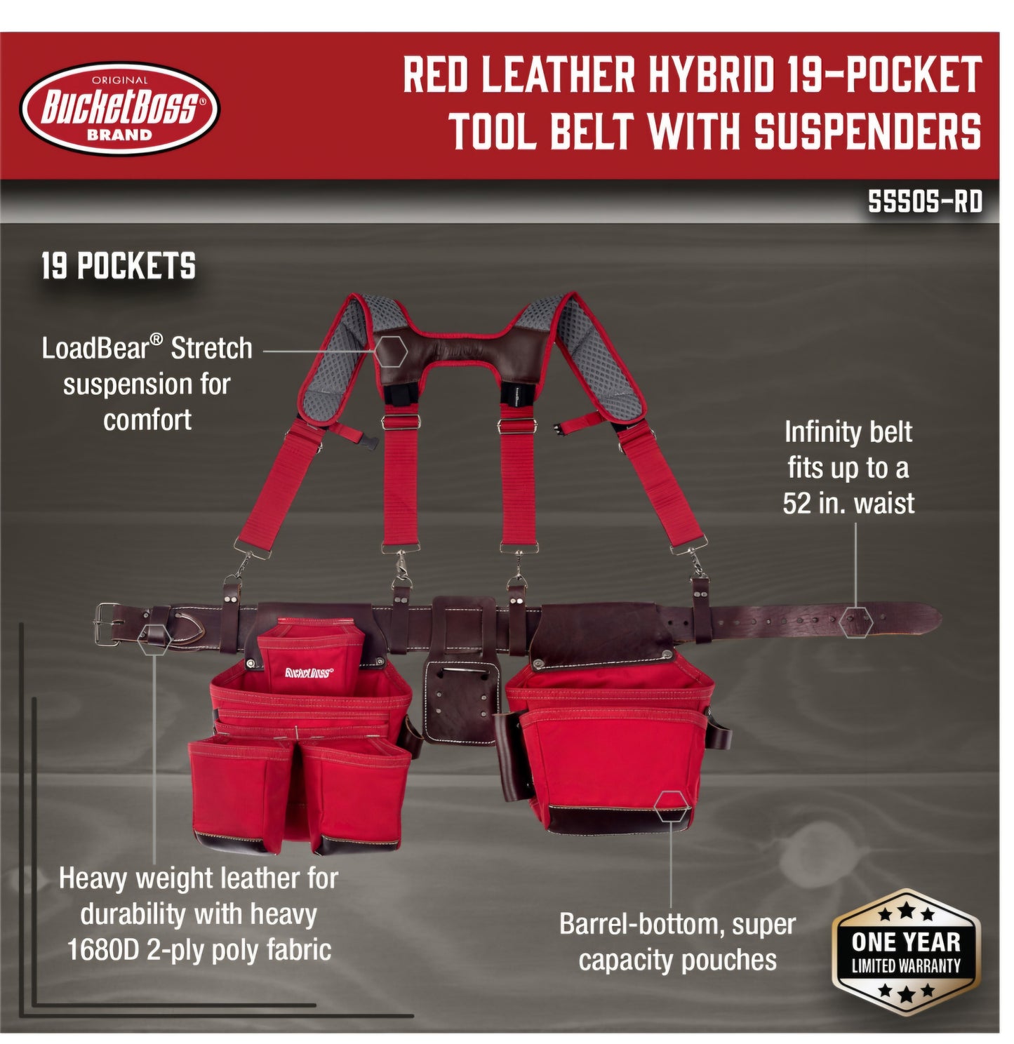 Bucket Boss 55505-RD Leather Hyrbid Tool Belt with Suspenders in Red (open box)