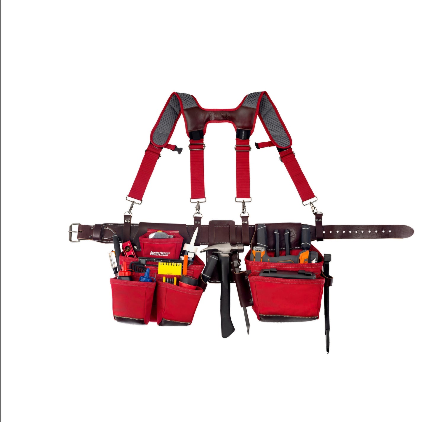 Bucket Boss 55505-RD Leather Hyrbid Tool Belt with Suspenders in Red (open box)