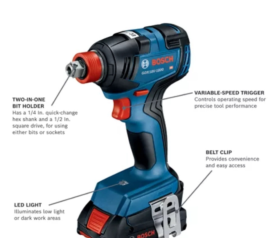 Bosch 18V 1/2" sq drive impact wrench and 1/4" hex screw gun kit (open box,new)