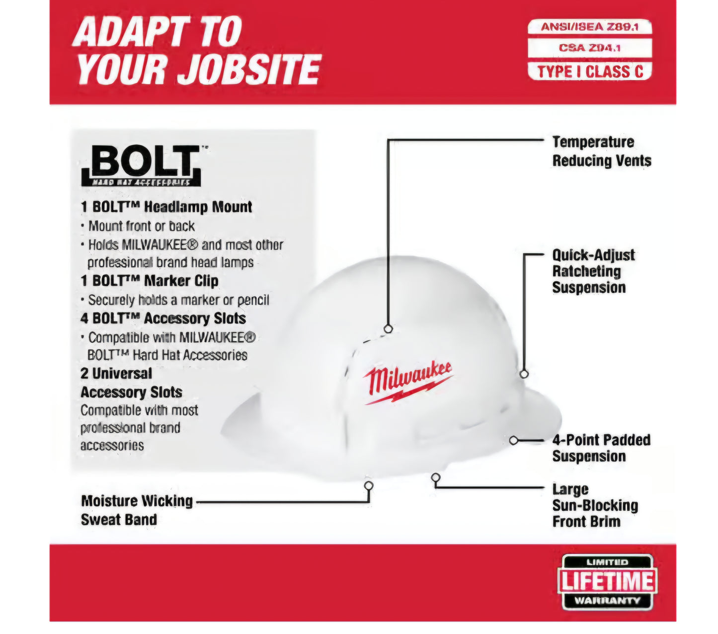 48-73-1201 Milwaukee BOLT 4-Point Ratchet Type 1 Class C Full Brim Hard Hat White Vented