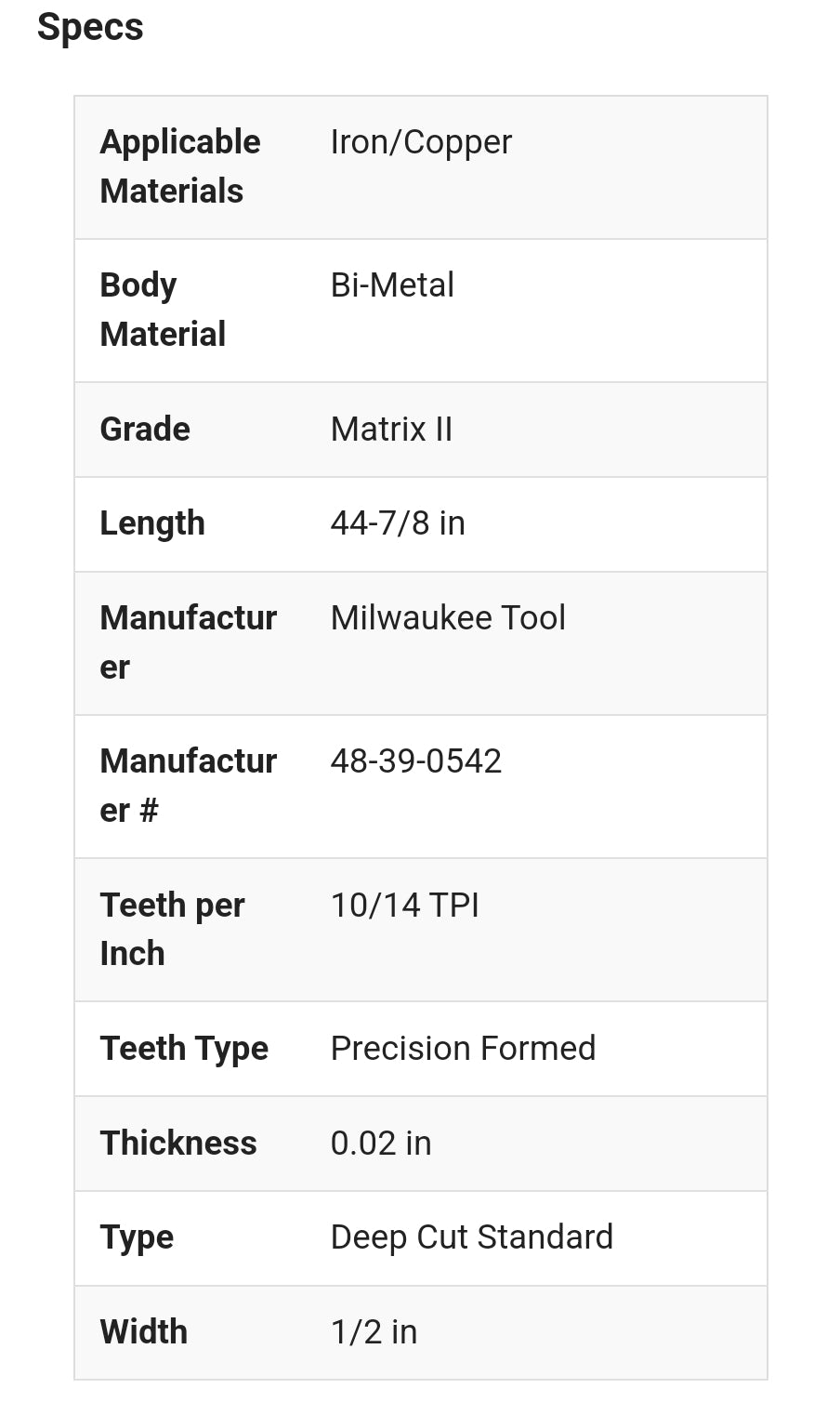 Milwaukee bandsaw blade 44"x14t bi-metal 1pc