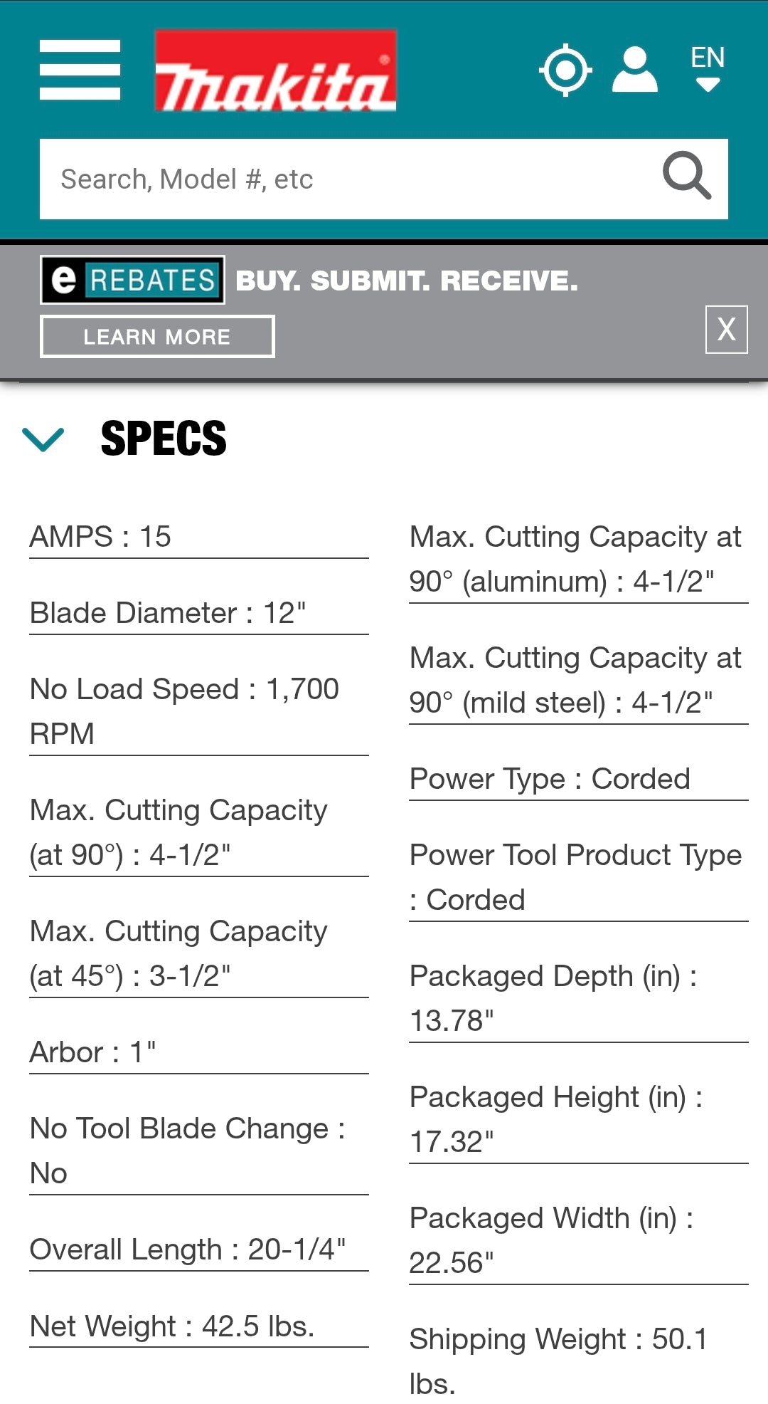 Makita 12" Metal Cutting Saw LC1230 - INCLUDES : Carbide tipped blade, socket wrench, switch button and safety goggles