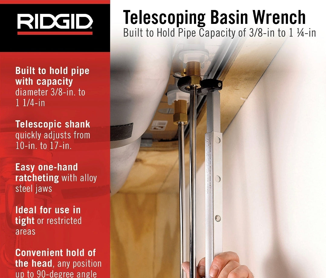 RIDGID 31175 Model 1017 Fold Over Basin Adjustable 10" To 17" Pipe Wrench, Silver, Made In The USA