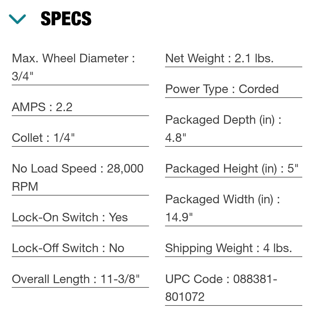 Makita 1/4" die grinder electric. 28,000 rpm 2.2amp