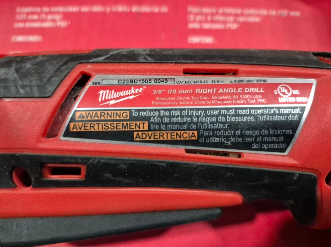 Miwaukee 3/8de keyless chuck m12 12v tool only right angle drill