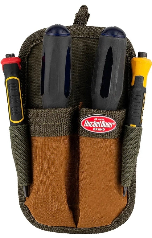 BucketBoss 54180
Holds small flash lights, utility knives, markers
Spring steel clip to attach to belt
Elastic channel holds pens, pencils, etc.
Compactly designed for convenience
Ripstop material reduces tear
Tools not included